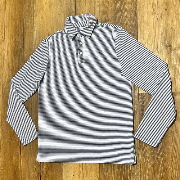 Vineyard Vines Edgartown Long Sleeve Polo Shirt Pima Cotton L Blue Striped Whale - Picture 2 of 5